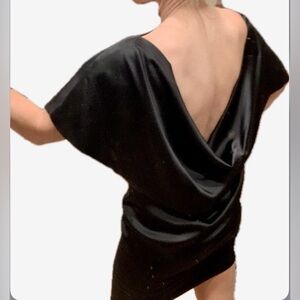 JayGodfrey Black Satin Dress ~Cowl Low Back, cocktail sexy mini, new years